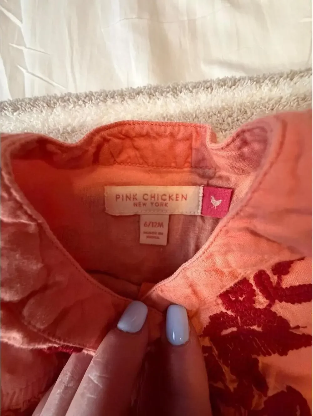 Pink Chicken coral & red floral embroidered baby blouse in size 6/12M